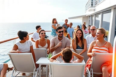 Happy travelers enjoying onboard activities and scenic views on a cruise.
