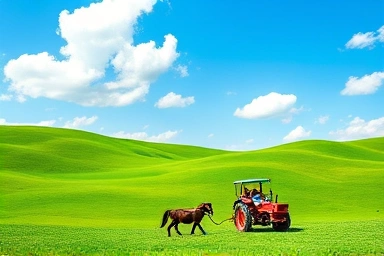 Scenic view of Daegwallyeong Sky Ranch with a tractor wagon