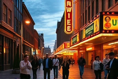 Bustling street in a theater district at dusk with illuminated marquees.