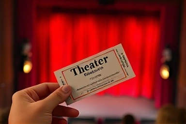 Hand holding a theater ticket with a stage curtain in the background.