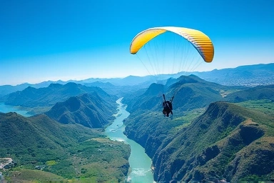Aerial view of Danyang paragliding over mountains and river
