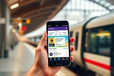 Smartphone showing DB Navigator app at a German train station.