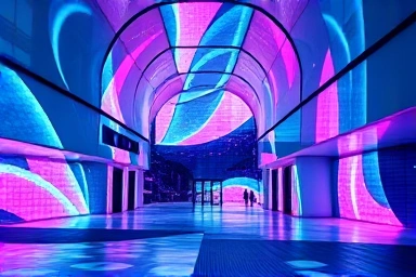 Futuristic museum interior with dynamic light art