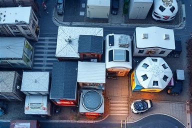 Aerial view of diverse pop-up stores in Seongsu-dong winter.