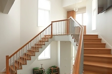 Safe and spacious duplex pension interior with modern staircase.