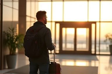 Tired traveler entering serene hotel lobby at dawn