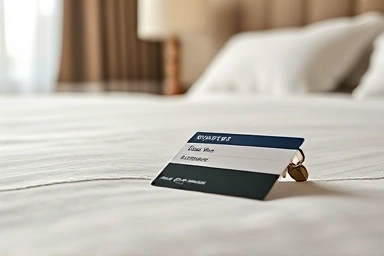 Hotel room key on a welcoming bed, symbolizing immediate rest