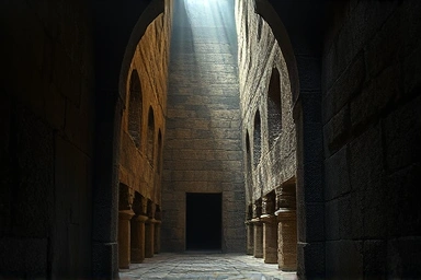 Dimly lit ancient pyramid interior passage