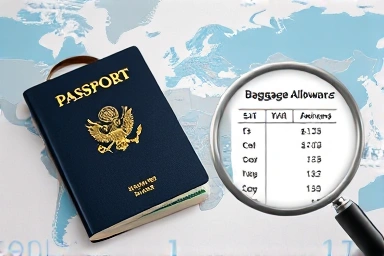 Passport, backpack, world map, and baggage allowance symbols