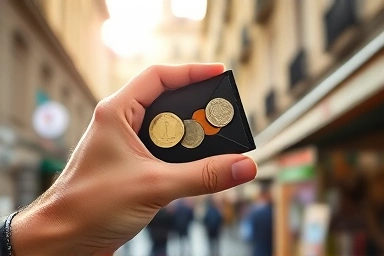 Secure European coin wallet in a busy market