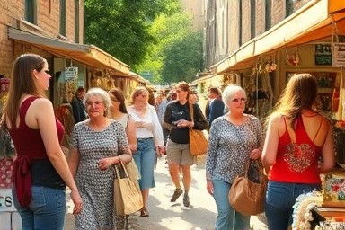 Vibrant European flea market with diverse vintage goods.