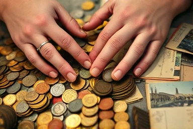 Close-up of vintage European coins and postcards at a flea market.