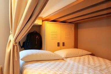 Cozy and safe hostel dormitory bed detail