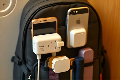 Travel backpack essentials with a multi-adapter powering devices.