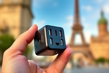 Compact multi-adapter essential for international travel and landmarks.