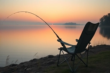 Ergonomic fishing chair by a peaceful lake at dawn.