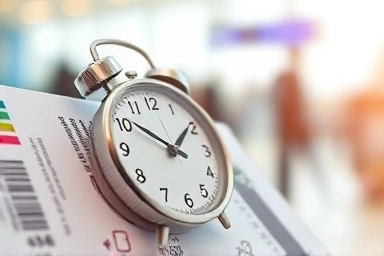Boarding pass with delayed clock, symbolizing flight disruption.