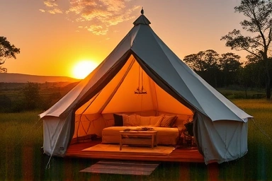 Luxurious glamping tent in serene nature at sunset