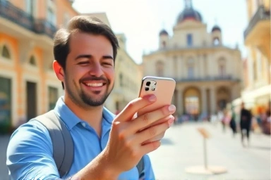 Traveler using Google Maps app in a foreign city.