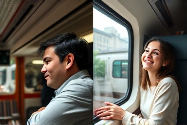 Contrast of stressful traffic vs. relaxed train travel, symbolizing time saved.
