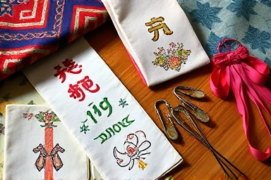 Close-up of traditional Korean hanbok fabrics and accessories