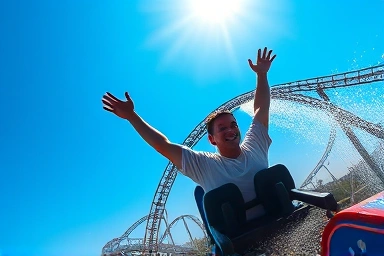 Exhilarated rider on vertical drop roller coaster.