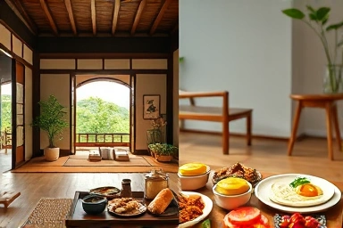 Modern Hanok interior and traditional Korean breakfast
