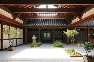 Tranquil Hanok stay with minimalist garden and soft light.