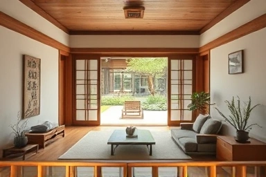 Cozy Hanok interior with courtyard view, modern comfort.