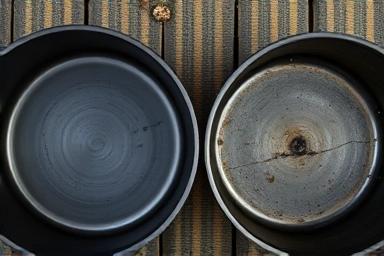 Interior view of camping cookware showing non-stick and worn surfaces