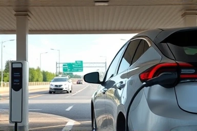 Electric car charging at a highway rest stop.