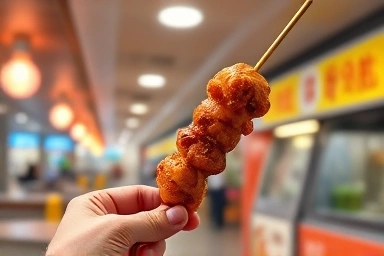 Hand holding a delicious 'sotteok sotteok' skewer