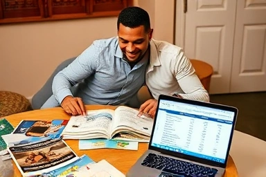 Couple planning honeymoon budget with travel brochures and laptop.
