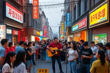 Vibrant Hongdae street performance with engaged crowd