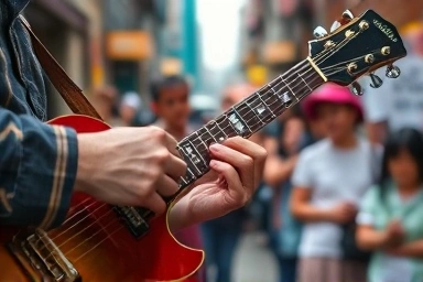 Musician's hands playing guitar passionately on Hongdae street