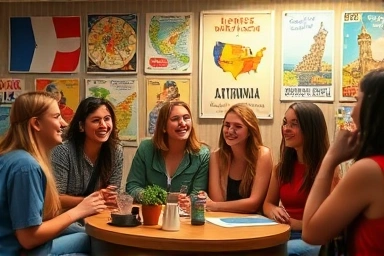 Diverse travelers sharing stories in a vibrant hostel common area