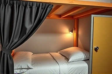 Hostel bunk bed with privacy curtain, locker, and reading light