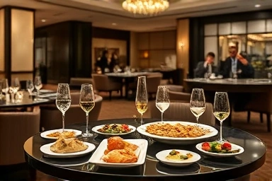 Elegant hotel lounge with happy hour spread