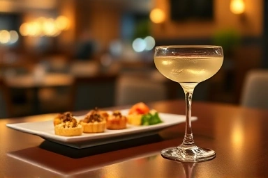 Gourmet appetizers and cocktail in a hotel lounge setting