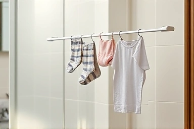 Compact mini dryer rack in a hotel bathroom for drying clothes