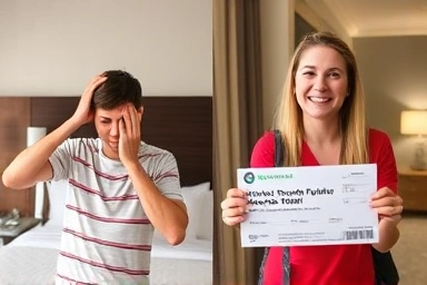 Hotel overbooking problem vs. successful resolution with compensation.