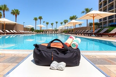 Luxurious hotel pool with prepared essentials bag.