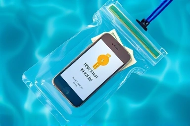 Waterproof pouch with essentials floating in clear water.
