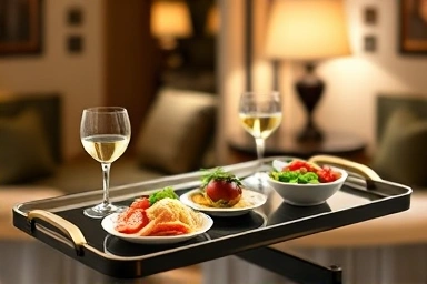 Luxurious hotel room service meal presentation