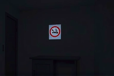 Hotel room with a 'No Smoking' sign, symbolizing rule violation.