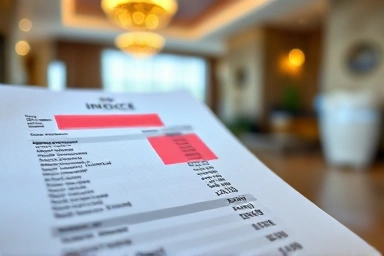 Close-up of hotel bill with highlighted, blurred-out fine amount.
