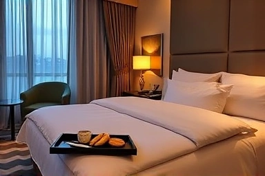 Luxurious hotel room prepared for turn-down service