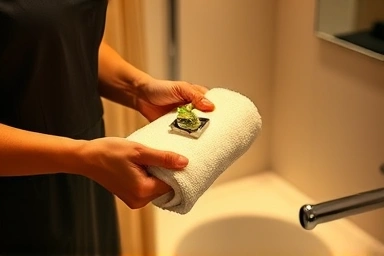 Hotel staff preparing amenities during turn-down service