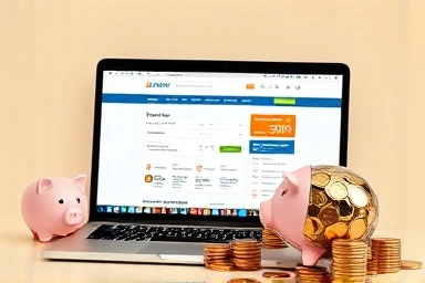 Hotel booking savings with discount icons and piggy bank.
