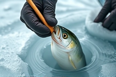 Catching a fish through ice fishing hole